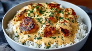 Creamy Smothered Chicken and Rice: Cozy, Remarkable Comfort Creamy Smothered Chicken and Rice served in a bowl with creamy gravy-style sauce, tender chicken, white rice, herbs, and cracked black pepper