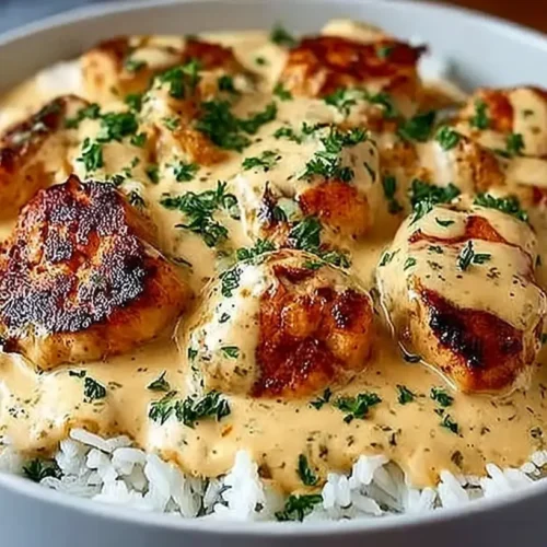 Creamy Smothered Chicken and Rice served in a bowl with creamy gravy-style sauce, tender chicken, white rice, herbs, and cracked black pepper