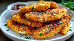 Crispy Homemade Baked Chicken Tenders: Easy, Golden, Juicy Crispy Homemade Baked Chicken Tenders stacked on a plate, golden breaded coating, sprinkled with parsley, served with dipping sauce