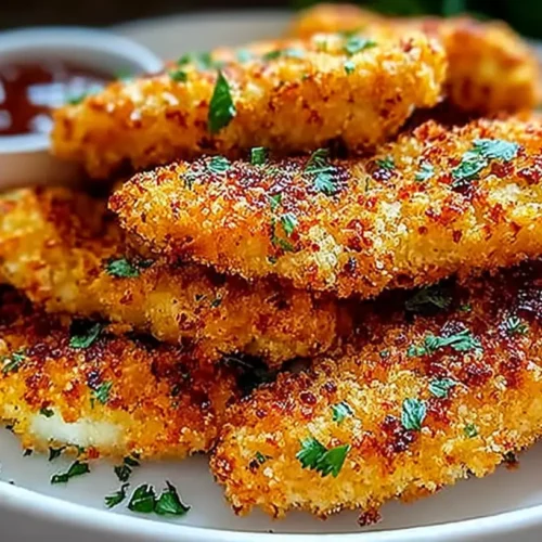 Crispy Homemade Baked Chicken Tenders stacked on a plate, golden breaded coating, sprinkled with parsley, served with dipping sauce