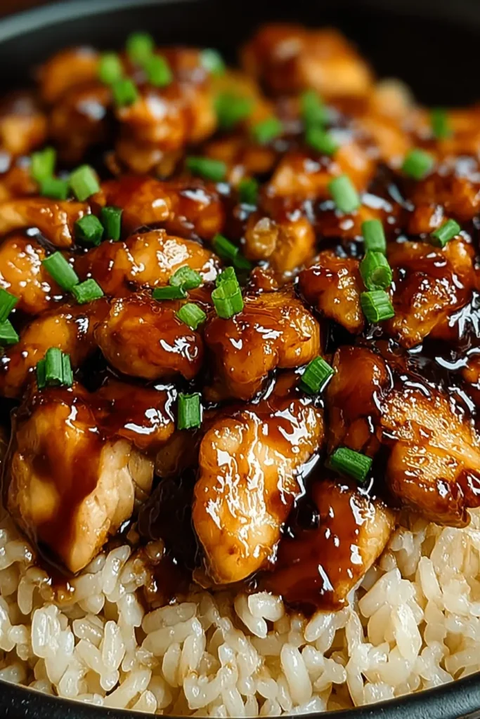 Honey BBQ Chicken Rice served in a bowl with tender glazed chicken pieces over fluffy rice and green onions