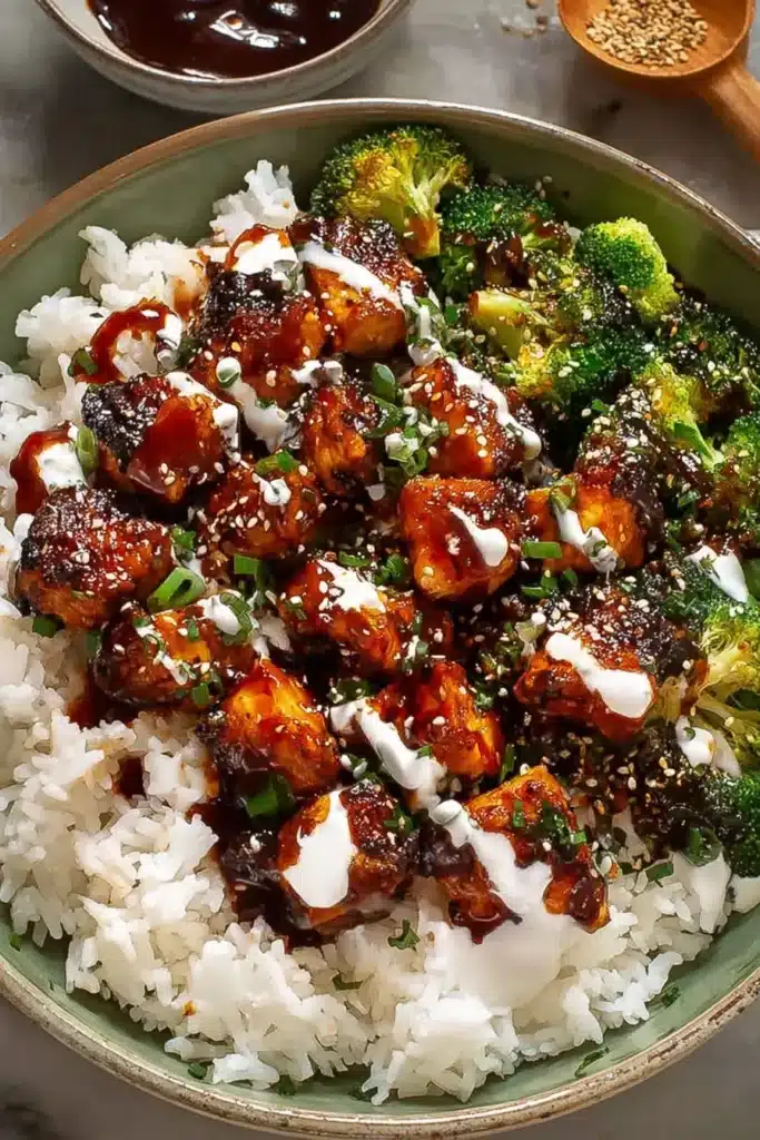 Delicious Sticky Chicken Rice Bowls with glazed sticky chicken bites, white rice, broccoli, sesame seeds, scallions, and creamy drizzle
