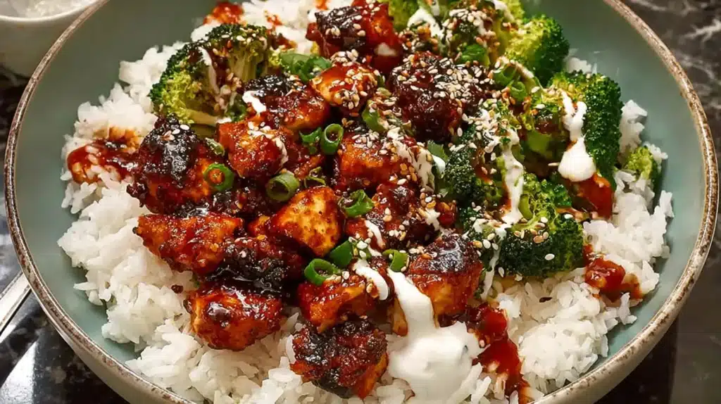 Delicious Sticky Chicken Rice Bowls served in a bowl with sticky glazed chicken, steamed broccoli, white rice, sesame seeds, and green onions