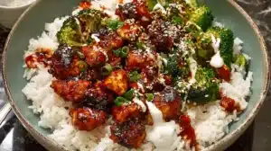 Delicious Sticky Chicken Rice Bowls Recipe: Simple, Happy Delicious Sticky Chicken Rice Bowls served in a bowl with sticky glazed chicken, steamed broccoli, white rice, sesame seeds, and green onions