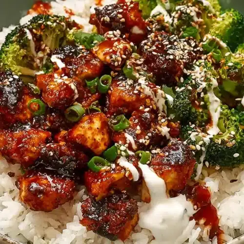 Delicious Sticky Chicken Rice Bowls served in a bowl with sticky glazed chicken, steamed broccoli, white rice, sesame seeds, and green onions