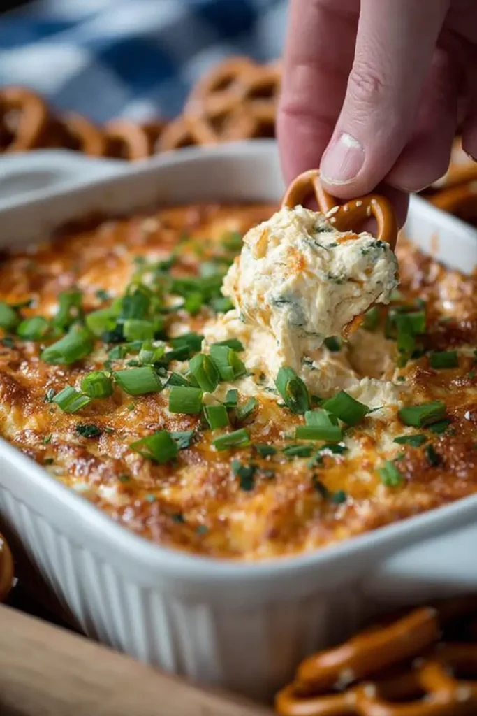 Really Good Pretzel Dip: Easy, Irresistible Party Favorite 3 Really Good Pretzel Dip with a pretzel bite dipped into creamy baked dip, topped with chopped green onions