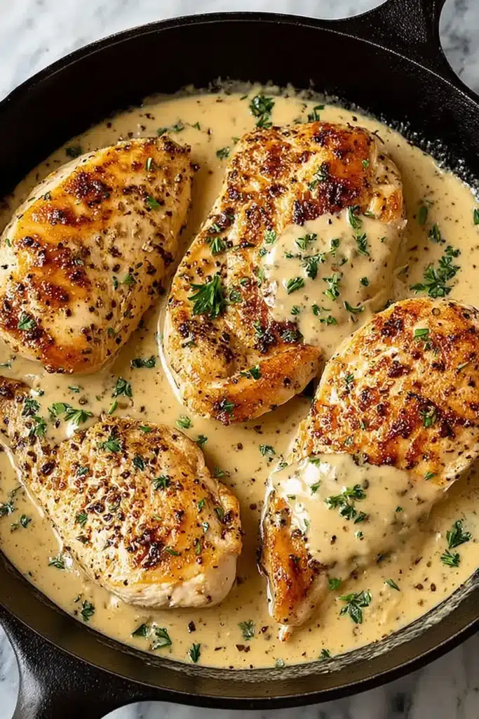 Creamy Ranch Chicken cooked in a skillet with golden seared chicken breasts, creamy ranch sauce, black pepper, and fresh herbs