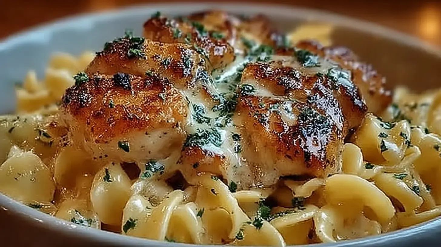 Chicken with Buttered Noodles: Easy, Golden, Weeknight Comfort 1 Chicken with Buttered Noodles served in a bowl with tender seared chicken, buttery noodles, herb-speckled butter sauce, and fresh parsley