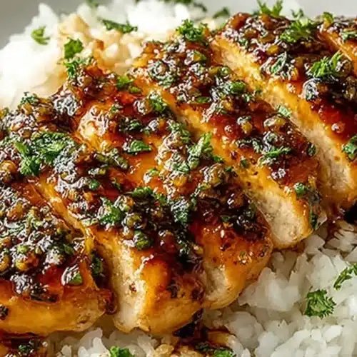 Honey Garlic Chicken Breasts: Easy, Flavor-Packed 2 Honey Garlic Chicken Breasts sliced and served over white rice with sticky honey-garlic glaze and fresh chopped parsley
