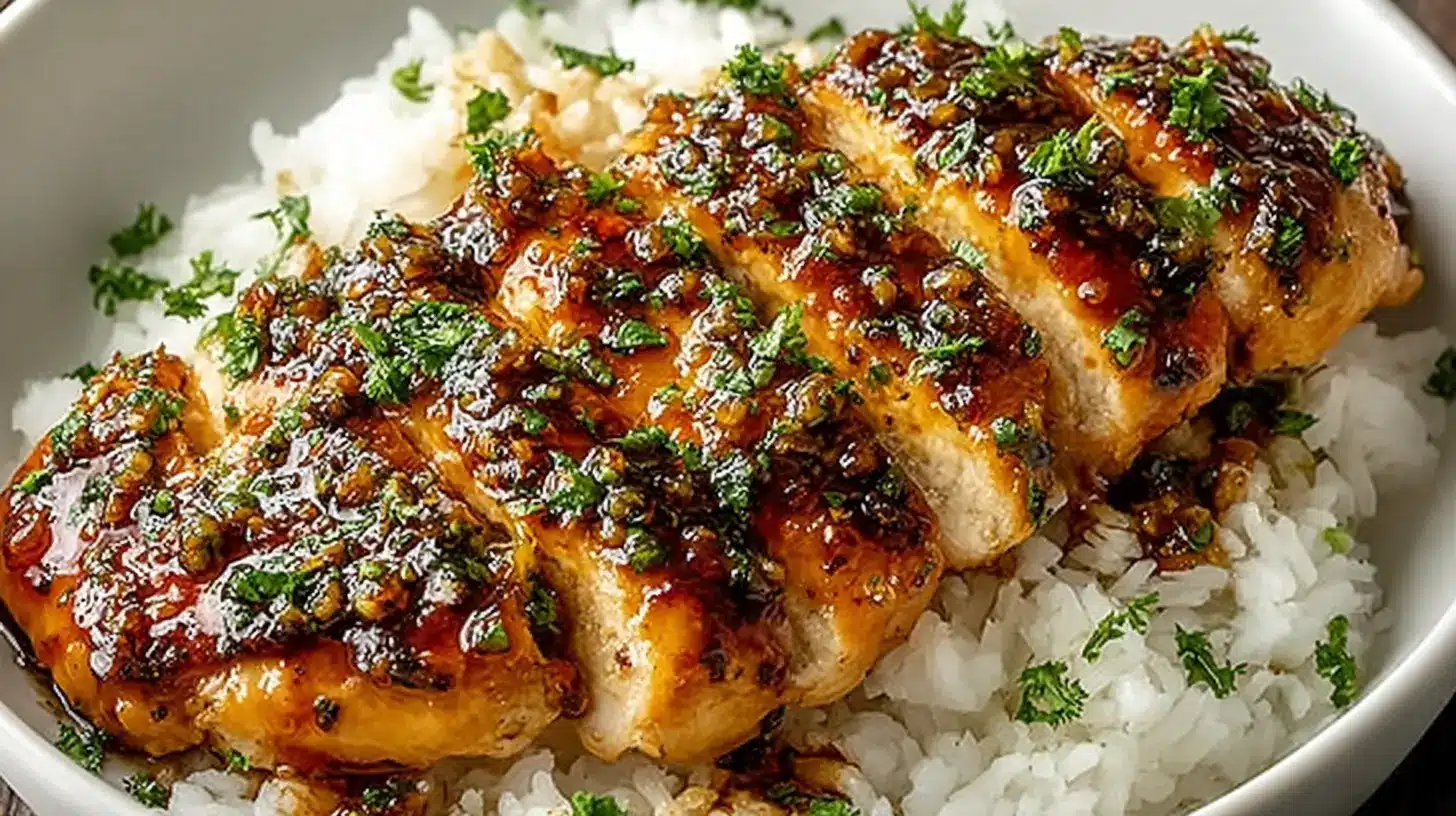 Honey Garlic Chicken Breasts: Easy, Flavor-Packed 1 Honey Garlic Chicken Breasts sliced and served over white rice with sticky honey-garlic glaze and fresh chopped parsley