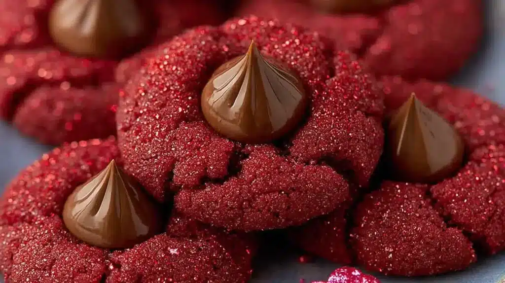 Red Velvet Blossoms Cookies arranged on a tray, rolled in red sugar and topped with chocolate kisses for a festive holiday-style cookie
