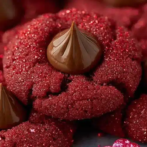 Red Velvet Blossoms Cookies arranged on a tray, rolled in red sugar and topped with chocolate kisses for a festive holiday-style cookie
