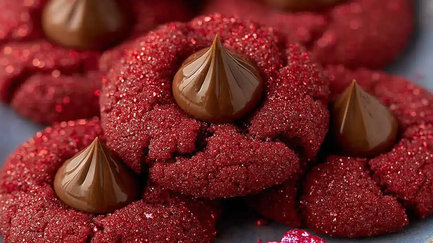 Red Velvet Blossoms Cookies arranged on a tray, rolled in red sugar and topped with chocolate kisses for a festive holiday-style cookie