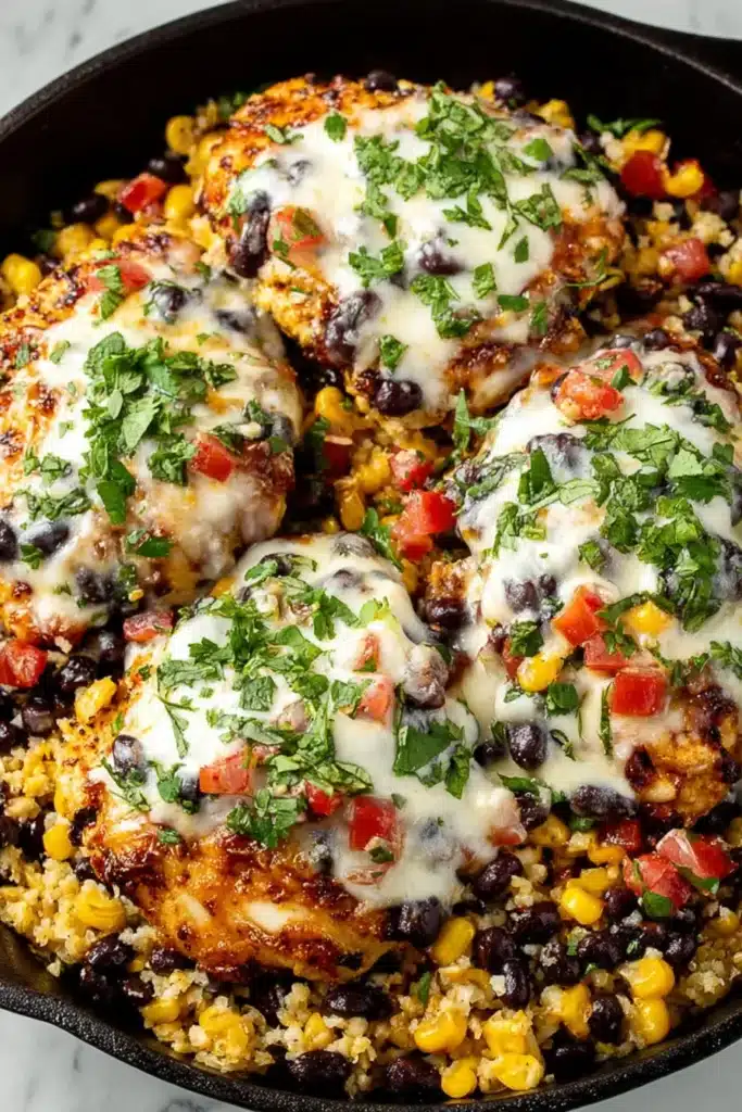 Santa Fe Chicken: Easy, Flavor-Packed Skillet Dinner 3 Santa Fe Chicken cooked in a skillet with melted cheese, black beans, sweet corn, diced tomatoes, and fresh cilantro