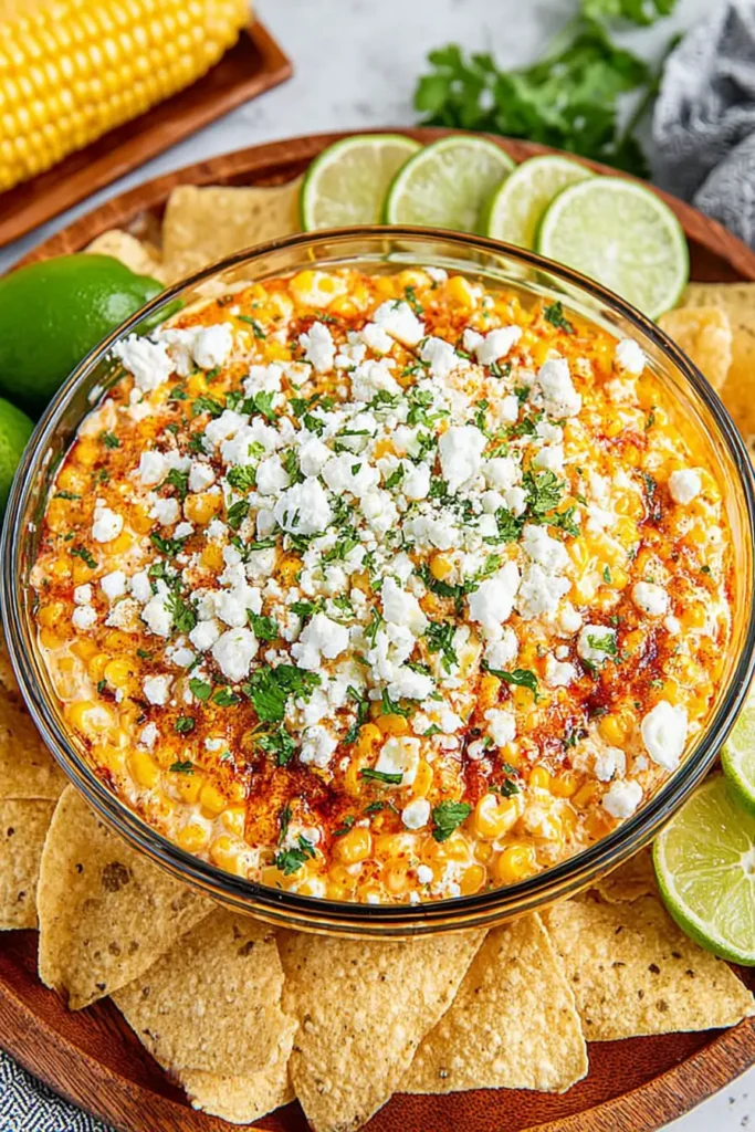 Mexican Street Corn Dip in a glass bowl topped with cotija cheese and cilantro, served with tortilla chips and lime slices