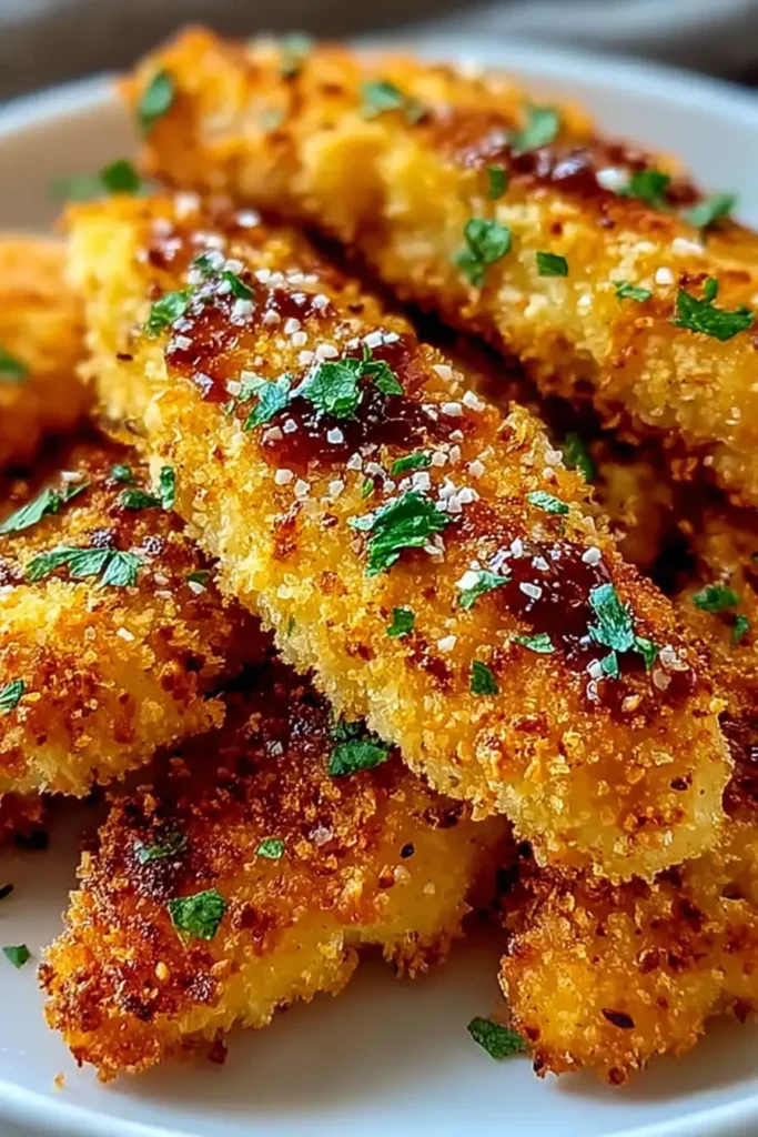 Crispy Homemade Baked Chicken Tenders close-up showing crunchy golden breading, flaky salt, and chopped parsley on top
