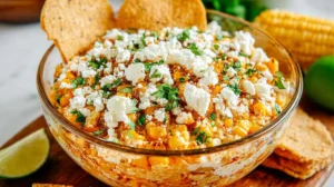 Mexican Street Corn Dip: Easy, Irresistible Party Favorite Mexican Street Corn Dip served in a glass bowl with cotija cheese, cilantro, and chili seasoning, with tortilla chips for dipping