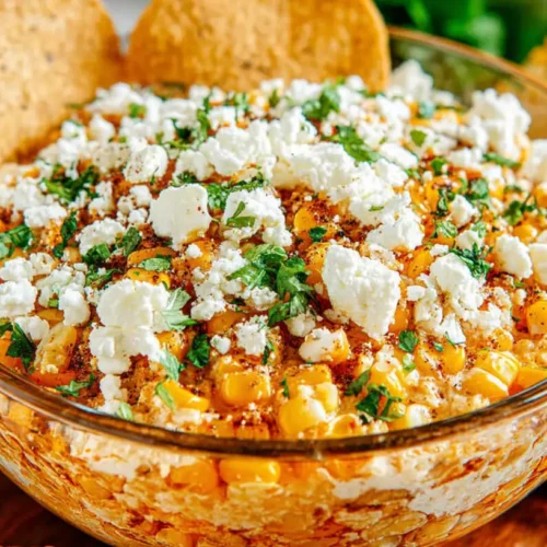 Mexican Street Corn Dip served in a glass bowl with cotija cheese, cilantro, and chili seasoning, with tortilla chips for dipping
