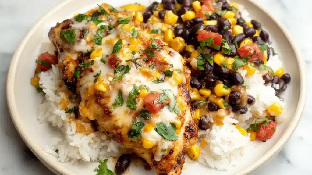 Santa Fe Chicken served over fluffy rice with black beans, corn, diced tomatoes, melted cheese, and cilantro