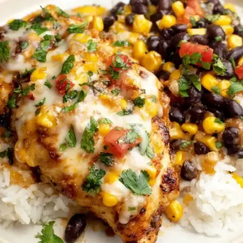 Santa Fe Chicken: Easy, Flavor-Packed Skillet Dinner 2 Santa Fe Chicken served over fluffy rice with black beans, corn, diced tomatoes, melted cheese, and cilantro
