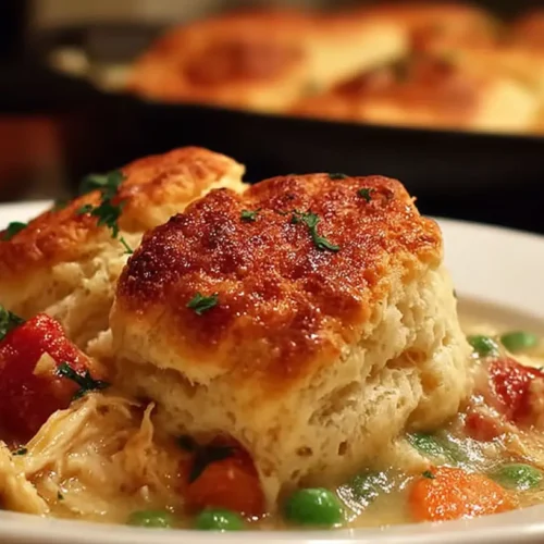 Red Lobster Biscuit Chicken Pot Pie with golden cheddar biscuits over creamy chicken filling with peas and carrots