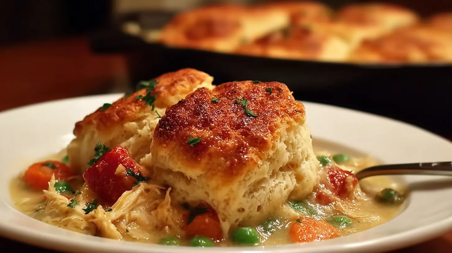 Red Lobster Biscuit Chicken Pot Pie with golden cheddar biscuits over creamy chicken filling with peas and carrots