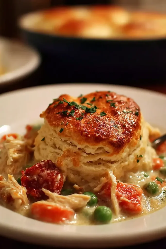 Red Lobster Biscuit Chicken Pot Pie served in a creamy chicken gravy with peas, carrots, and a buttery cheddar biscuit on top