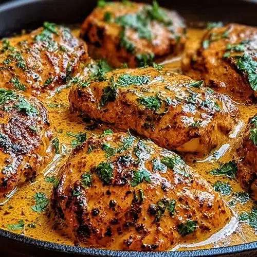 Cowboy Butter Chicken in a cast-iron skillet covered in creamy cowboy butter sauce and fresh parsley, ready to serve