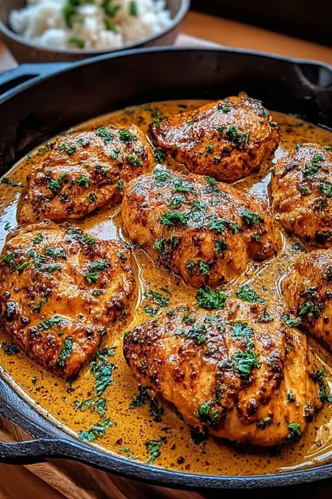 Cowboy Butter Chicken cooking in a cast-iron skillet with creamy butter sauce and chopped parsley, with a bowl of rice in the background
