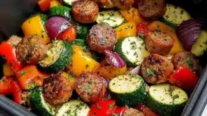 10 Minute Air Fryer Chicken Sausage and Veggies Easy Weeknight Dinner Delicious air fryer chicken sausage with colorful mixed veggies ready in 10 minutes