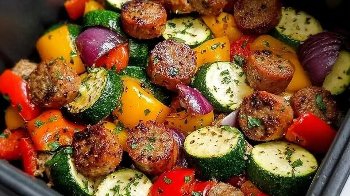 10 Minute Air Fryer Chicken Sausage and Veggies Easy Weeknight Dinner 1 Delicious air fryer chicken sausage with colorful mixed veggies ready in 10 minutes