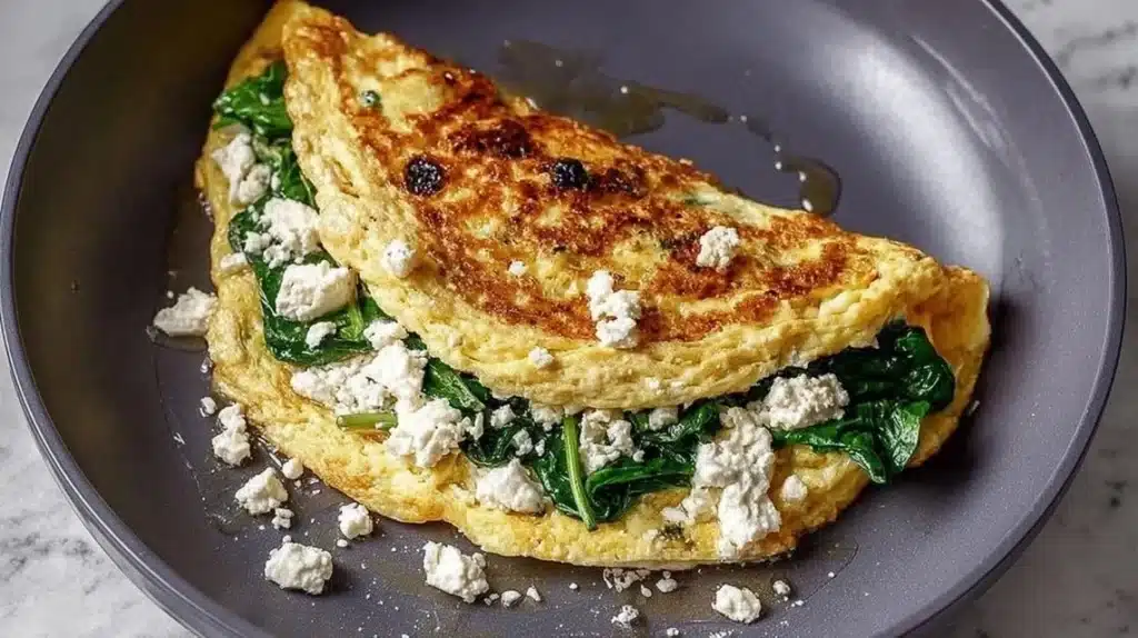 Delicious spinach feta omelet cooked in a skillet with fresh ingredients.
