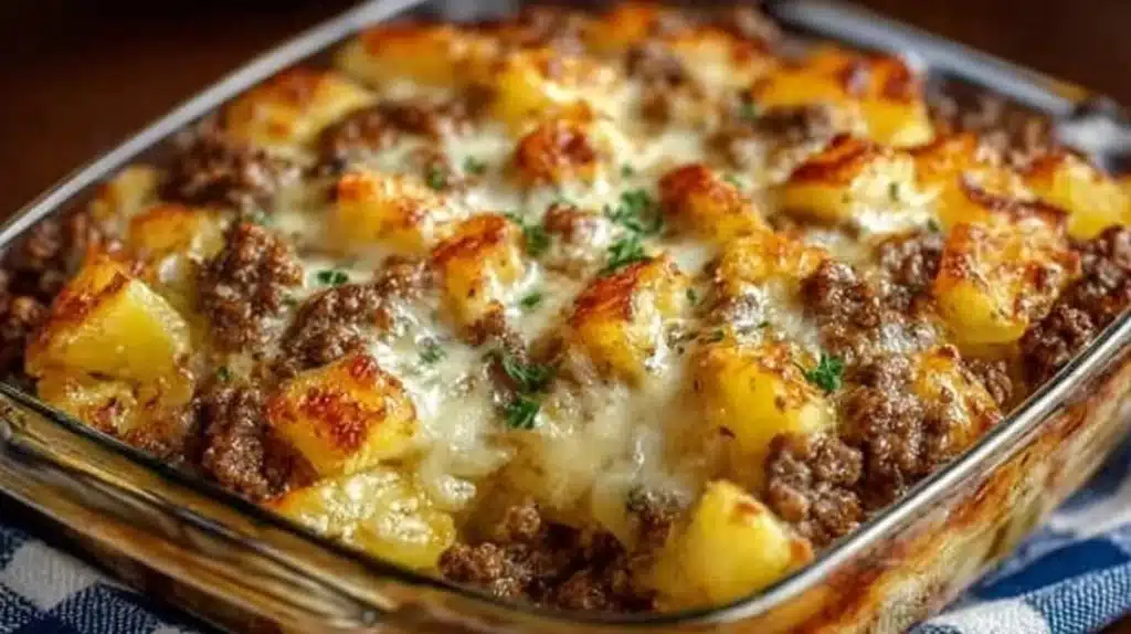 5-Ingredient Hamburger and Potato Casserole topped with cheese and herbs