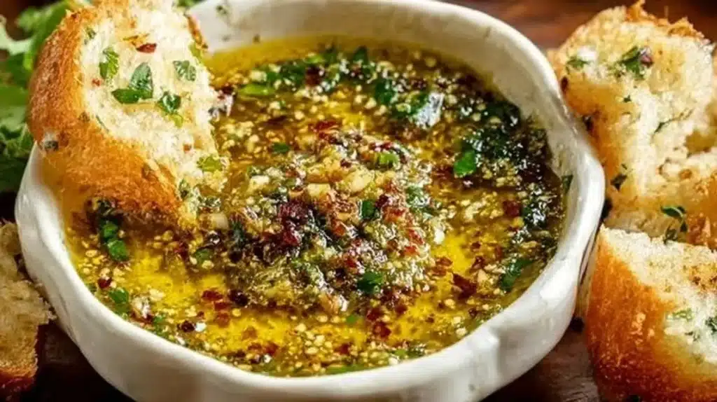 Delicious garlic olive oil dip served in a bowl with bread