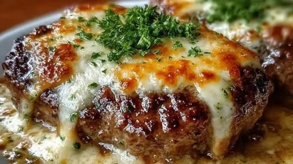 Amish Hamburger Steak Bake featuring juicy hamburger steak and savory toppings.