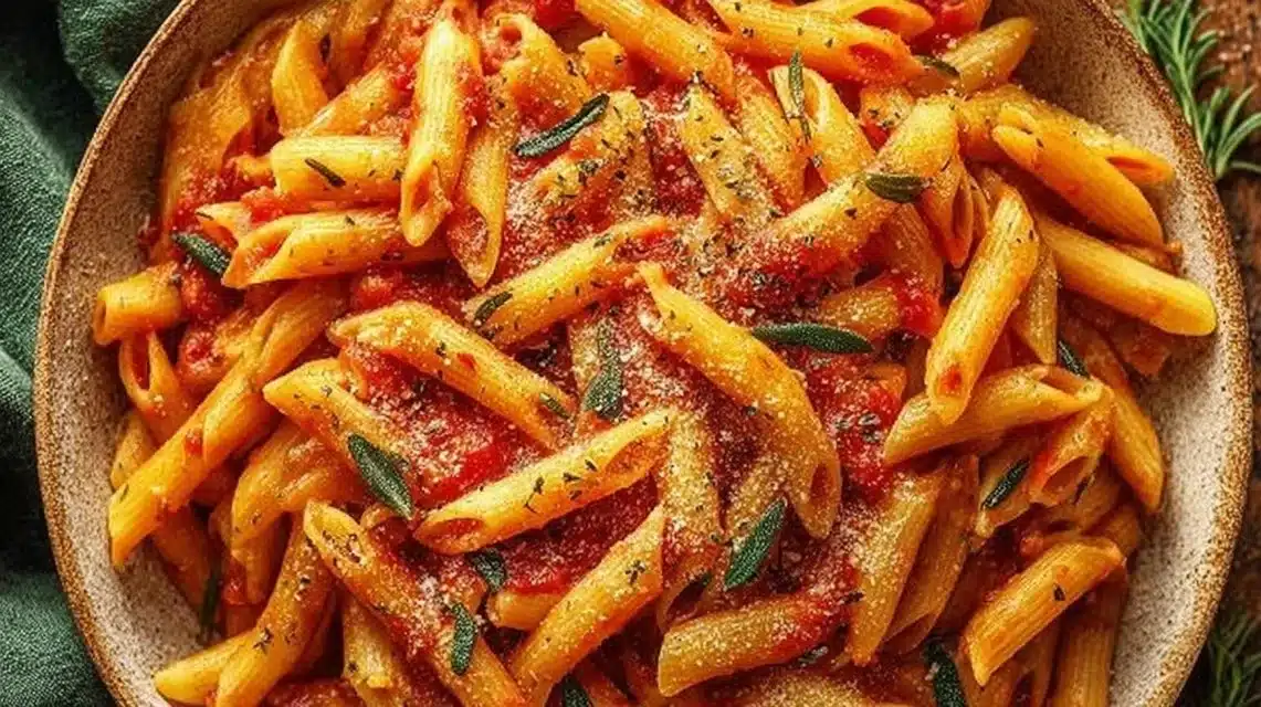 A vibrant dish of Angry Pasta with red pepper flakes and fresh herbs garnished.