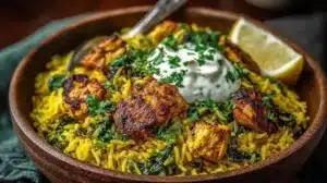 Anti-Inflammatory Turmeric Chicken & Rice (Easy One-Pan Dinner!) Plate of anti-inflammatory turmeric chicken served with rice