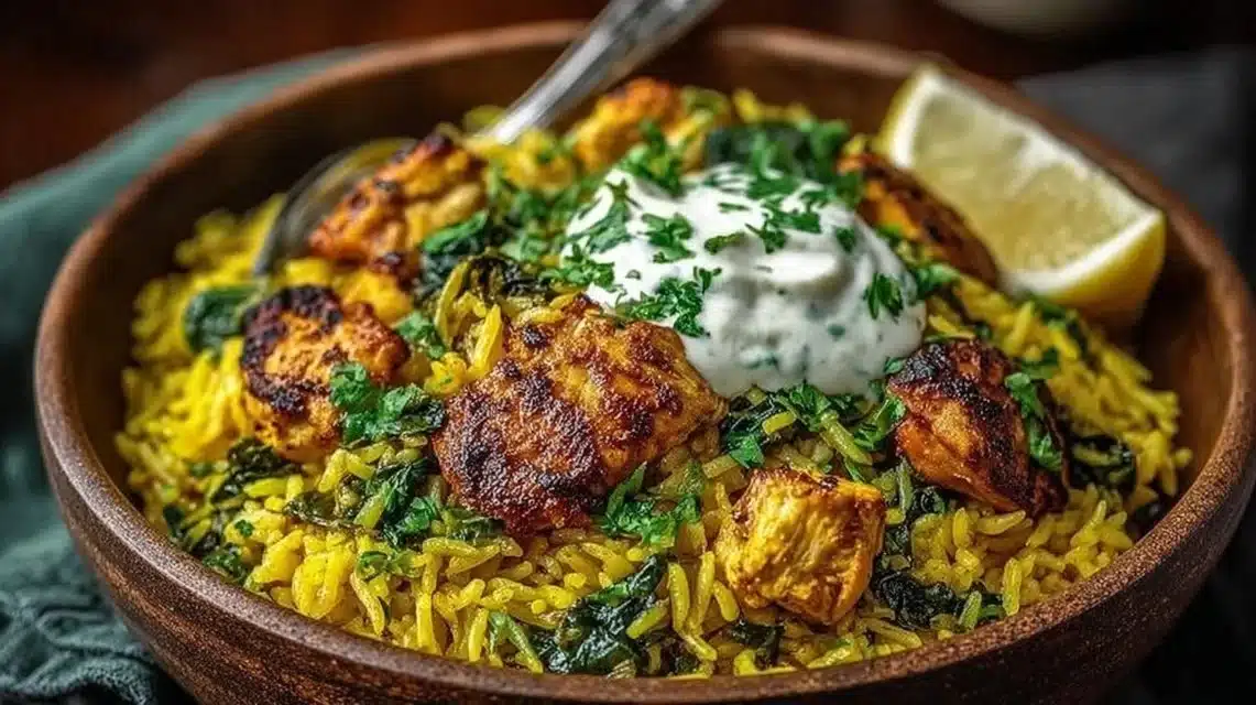 Anti-Inflammatory Turmeric Chicken & Rice (Easy One-Pan Dinner!) 1 Plate of anti-inflammatory turmeric chicken served with rice