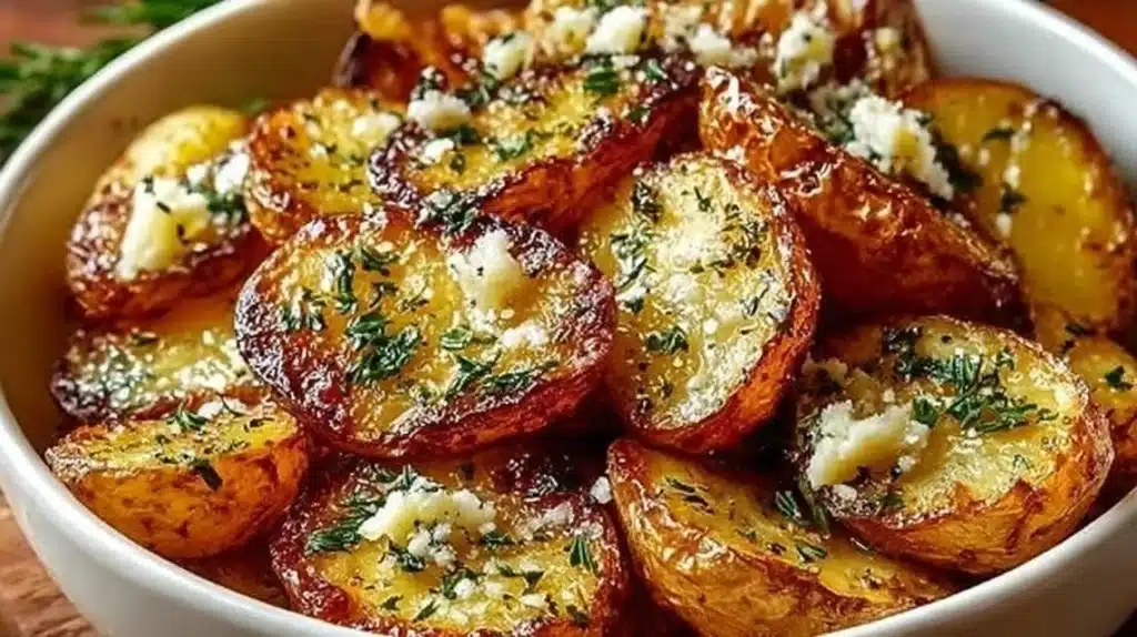 Crispy lemon Greek potatoes served on a plate, garnished with fresh herbs