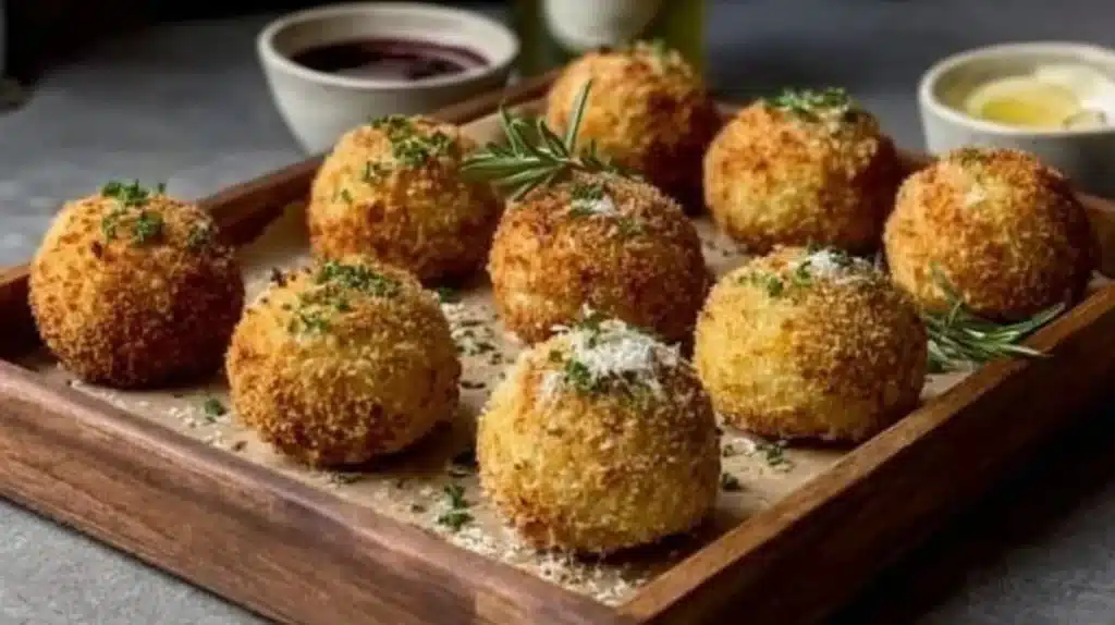 Delicious baked arancini balls served with marinara sauce