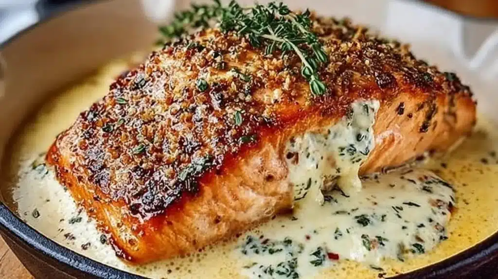 Plate of Baked Boursin Salmon garnished with fresh herbs