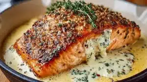 Plate of Baked Boursin Salmon garnished with fresh herbs