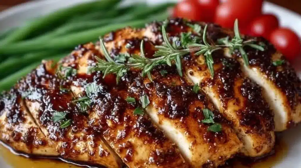 Balsamic baked chicken breast served on a plate with herbs and vegetables