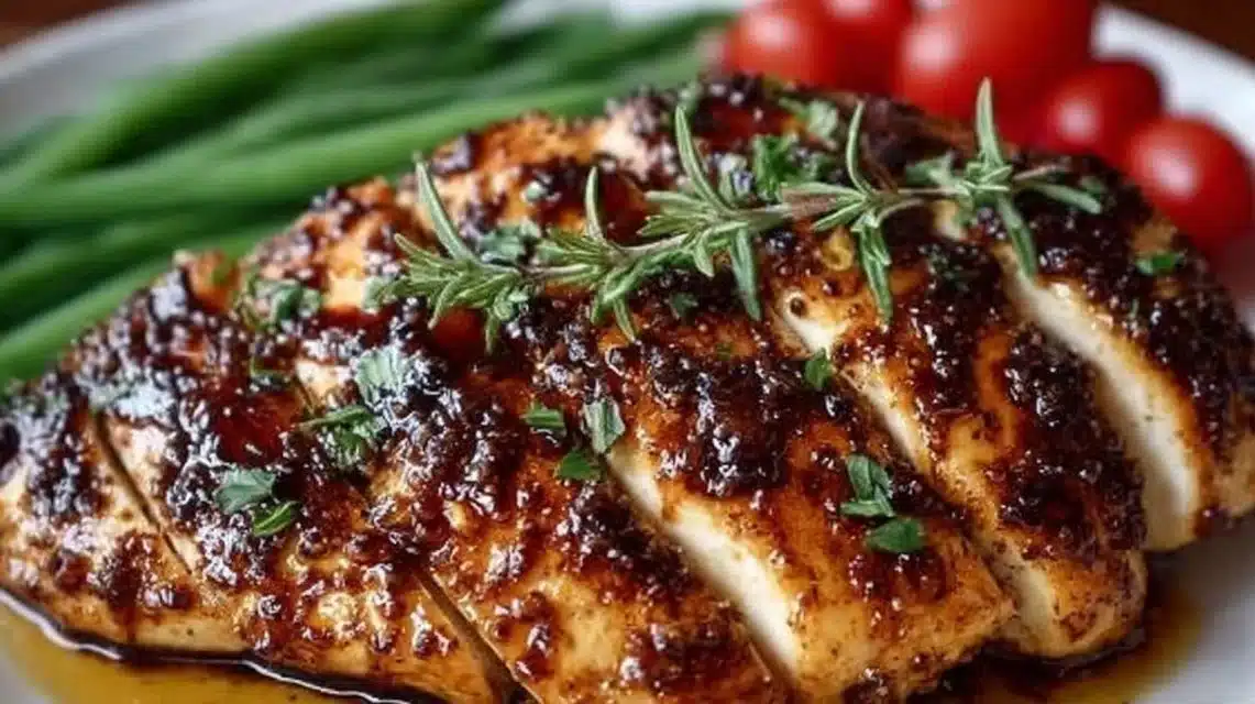 Balsamic Baked Chicken Breast (Juicy, Easy, Flavor-Packed) 1 Balsamic baked chicken breast served on a plate with herbs and vegetables