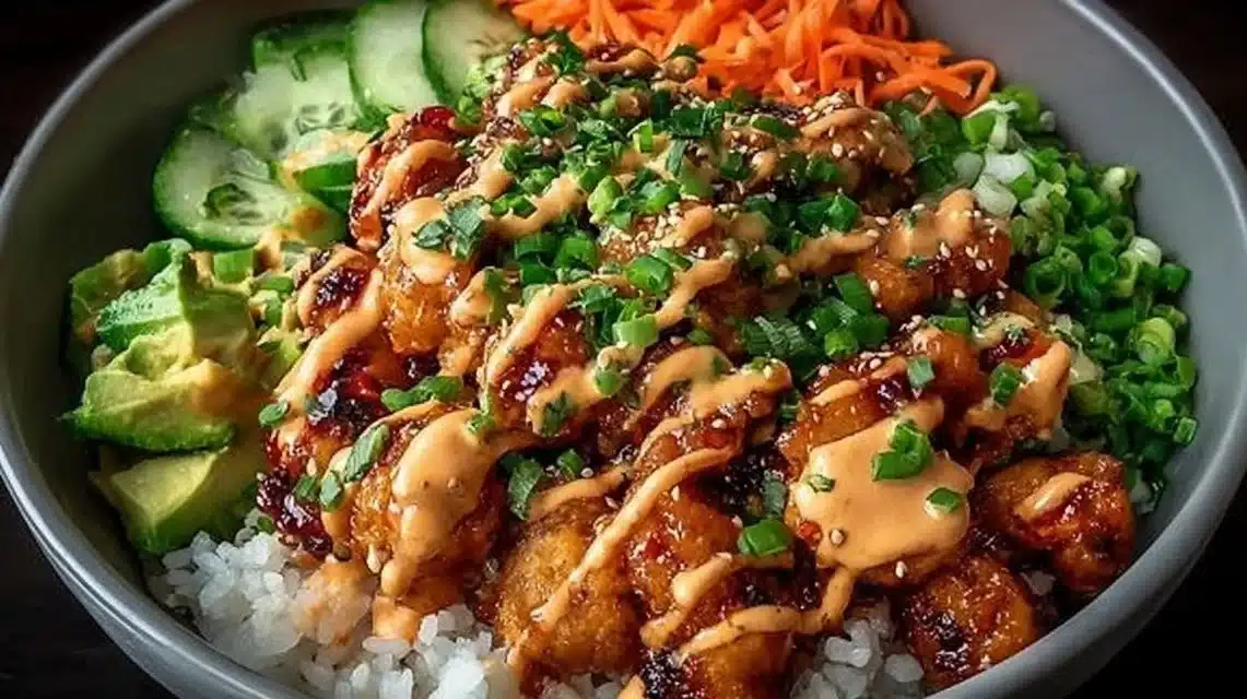 Beginner-Friendly Bang Bang Chicken Bowl (So Easy!) 1 Delicious Bang Bang Chicken Bowl filled with vibrant vegetables and rich sauce.