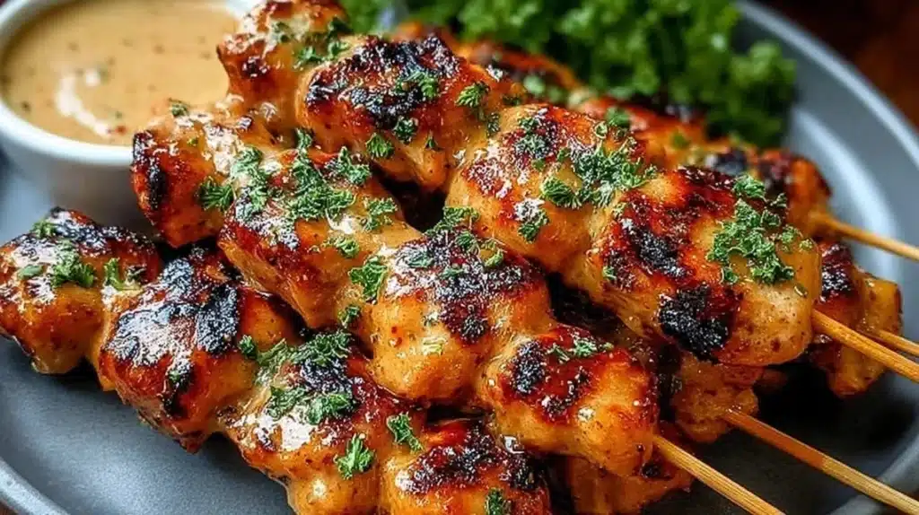 Delicious Bang Bang Chicken Skewers served on a platter with sauce
