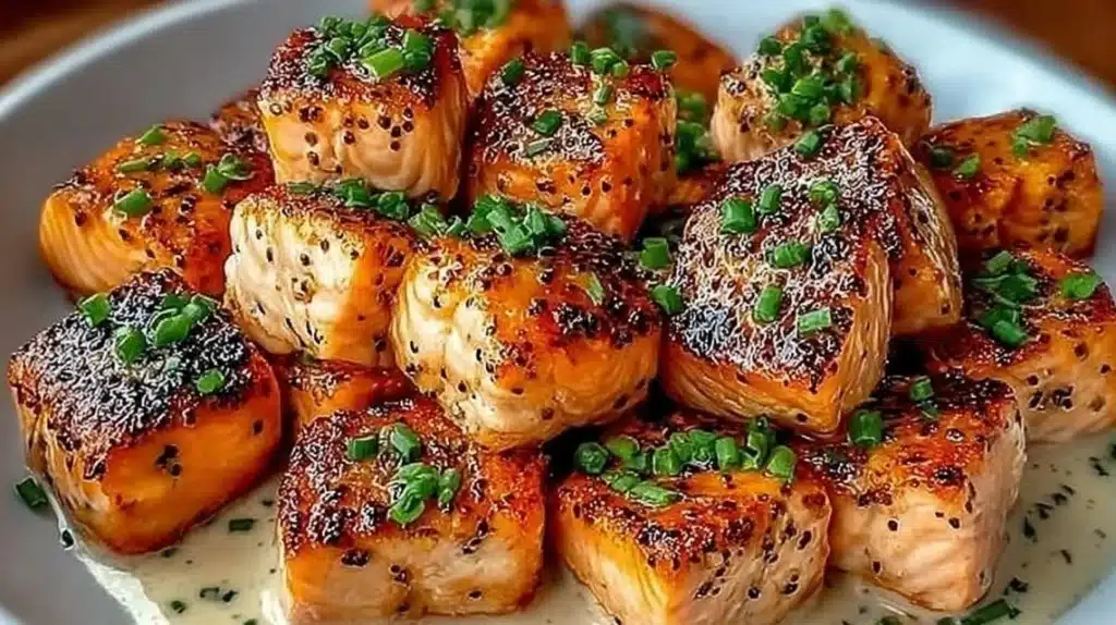 Bang Bang Salmon Bites served on a plate with garnishes