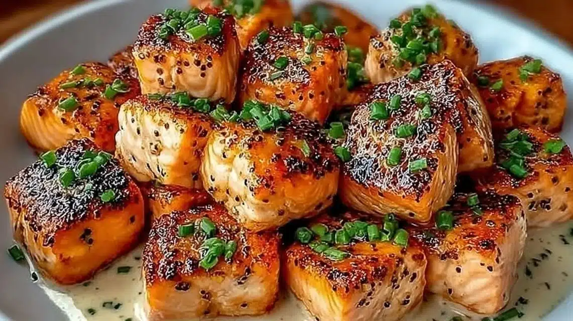 Bang Bang Salmon Bites served on a plate with garnishes