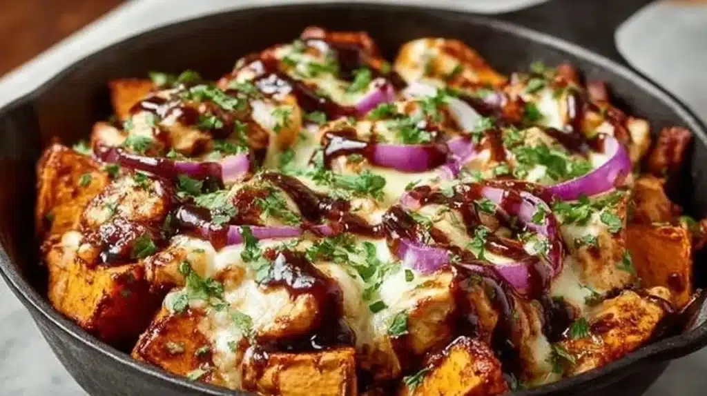 BBQ Chicken Sweet Potato Skillet served in a cast iron pan