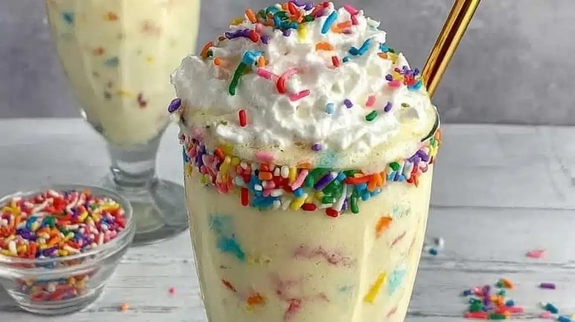 Birthday cake protein milkshake with colorful sprinkles and whipped cream.